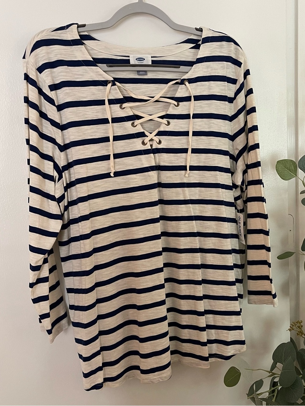 Old Navy Navy and Cream Striped Lace-Up Top